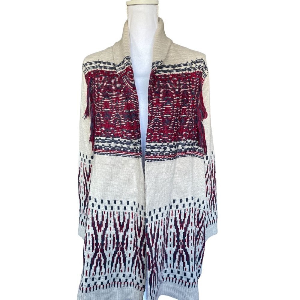 Style & Co Sweater Cardigan Women's Sz Small Open Front Tan Red Blue Fringe